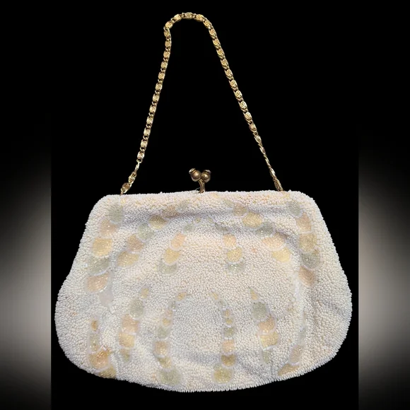 Vintage Cream Beaded Clutch with Gold Chain - Picture 1 of 5